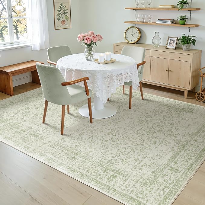 Sage Green Area Rugs 9x12 Living Room No Slip Stain Resistant Large Area Rug for Bedroom Low Pile Soft Boho Distressed Style Light Green Rug 9 x 12 Washable Carpet for Dining Room Playroom