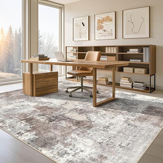 Tortania Washable 9x12 Area Rug for Living Room: Modern Abstract Neutral Large Soft Thin Rugs - Non Slip Indoor Carpet for Bedroom Dining Room Office Nursery Home Floor Decoration - Gray Brown