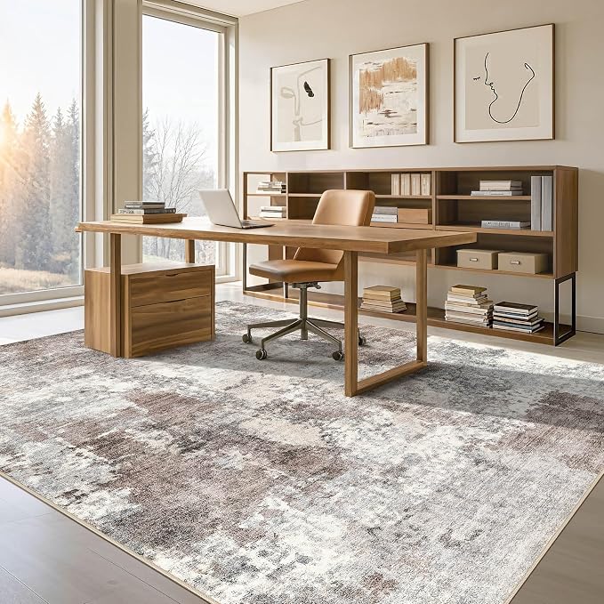 Tortania Washable 8x10 Area Rug for Living Room: Modern Abstract Neutral Large Soft Thin Rugs - Non Slip Indoor Carpet for Bedroom Dining Room Office Nursery Home Floor Decoration - Gray Brown
