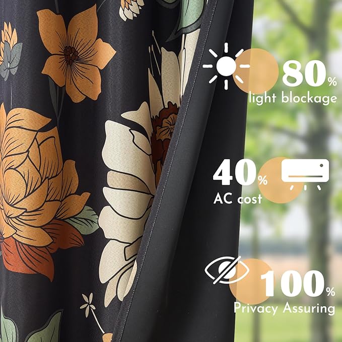 Lazzzy Floral Curtains for Bedroom Living Room Vintage Blackout Curtains 90 Inches Long Room Darkening Drapes Grommet Flower Patterned Window Treatments Set of 2 Panels, 52" x 90"