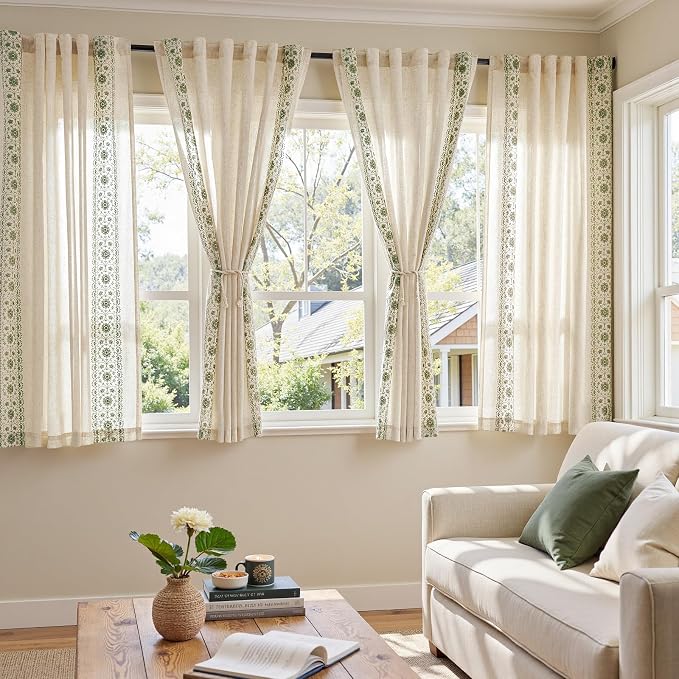 jinchan Weslie Boho Curtains for Bedroom 4 Pack Sage Green Vintage Floral Farmhouse Curtains 63 Inch Linen Drapes for Living Room Embroidered Light Filtering Drapes Cottagecore Sage on Beige