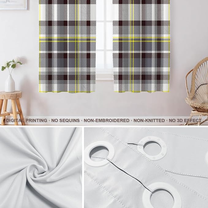 Shrahala Grunge Vintage Art Plaid Blackout Window Curtains, Tartan Grey Thermal Insulated Curtains Grommet Top Window Drapes for Living Room, Bedroom (2 Panels,52 x 63 in)