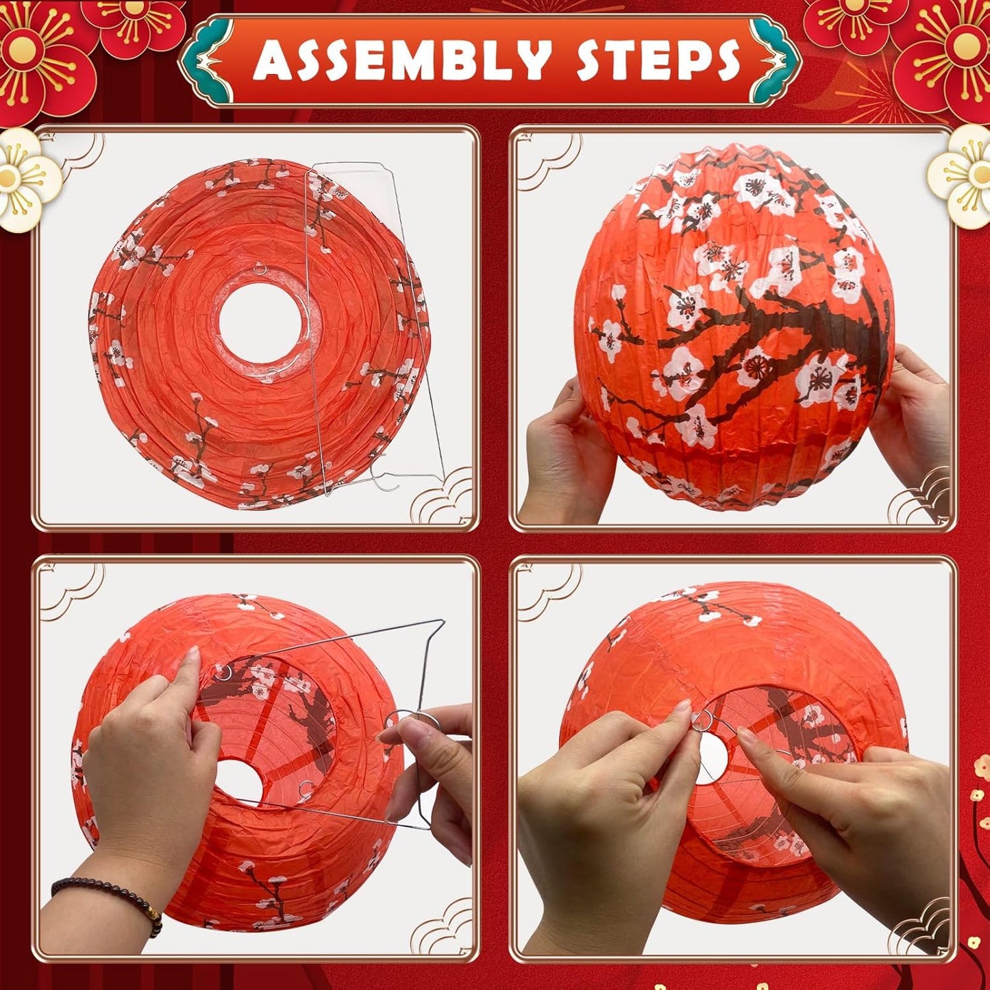 14Pcs Chinese Japanese Paper Lantern Assorted Sizes (8" 10" 12") Hanging Plum Blossom Red White Gold Chinese Lanterns for Chinese New Year Decorations, Lunar New Year, Spring Festival, Home Decor