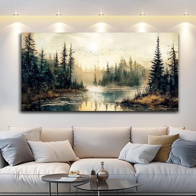 FUHAIHUA Large Wall Decor For Living Room Canvas Wall Art For Office Farmhouse Wall Decorations For Bedroom Forest River Landscape Paintings Modern Pictures Artwork Room Home Decor 24x48 In