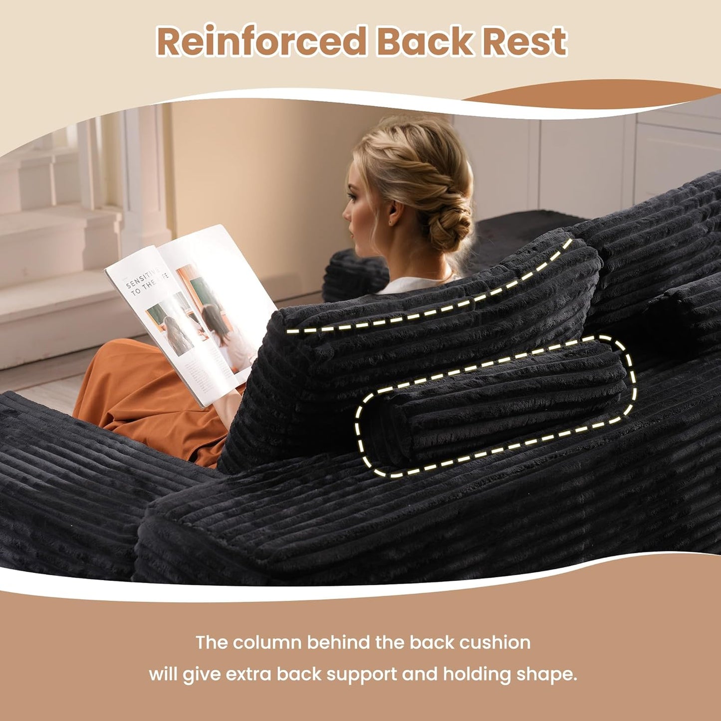 HOOOWOOO Cloud Sectional Couches for Living Room,Modular Sectional Sofa No Assembly,133X70 Inch Plush Corduroy Large U Shaped Floor Couch Set with Deep Seat Chaise Ottoman(Black)