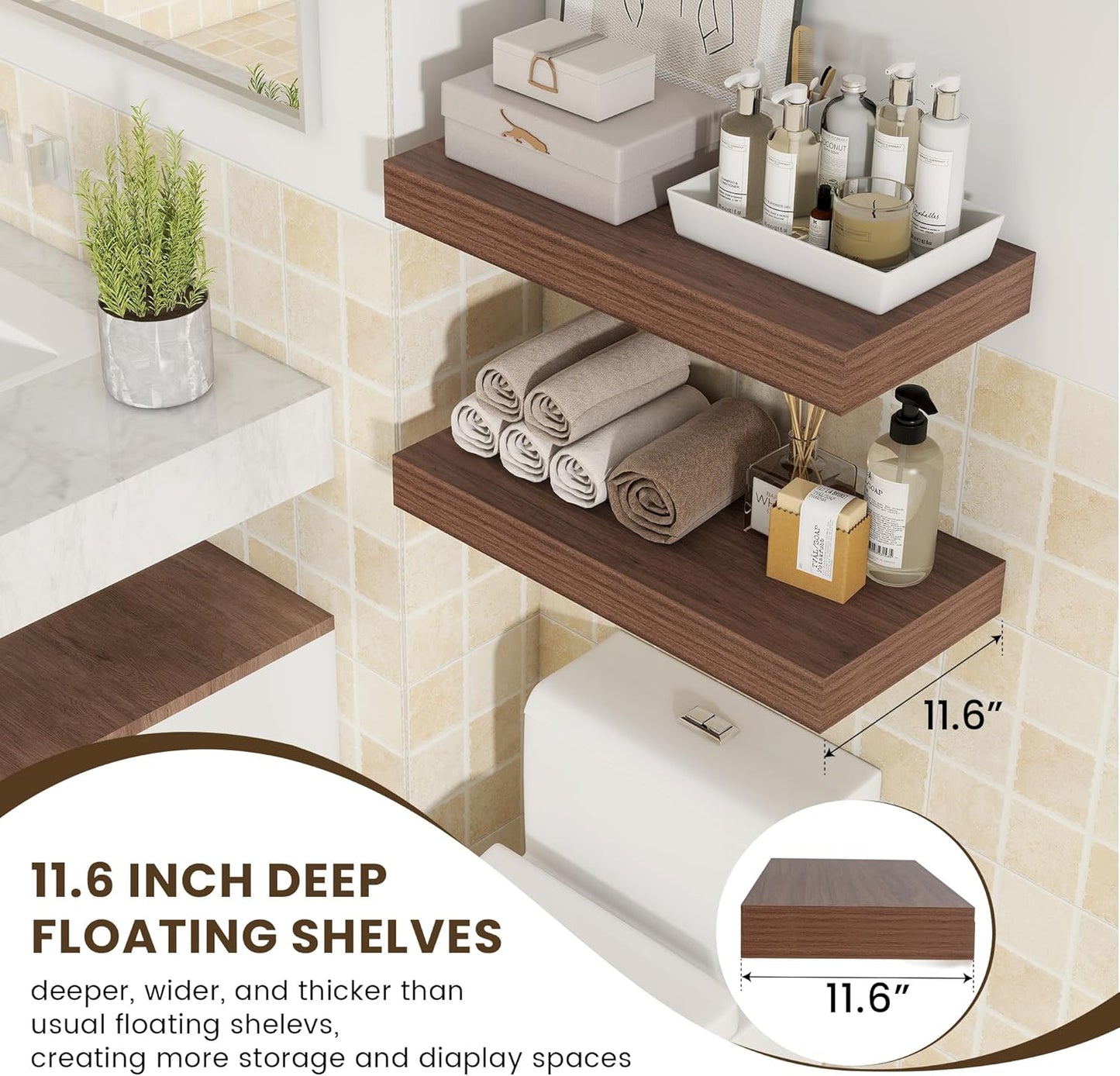 Floating Shelves for Wall - 24 Inch Wide x 12 Inch Deep Floating Shelves Set of 2-24W x 12D Wide Wall Shelf for Living Room Laundry Room Bedroom Kitchen Home Office