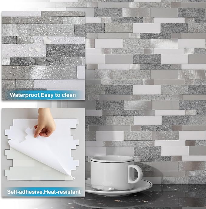 BeNice Backsplash Peel and Stick Wall Tiles for Kitchen,Subway Self Adhesive Linear Mosaic Stickers Bathroom Waterproof(10 Sheets, Rustic Gray)