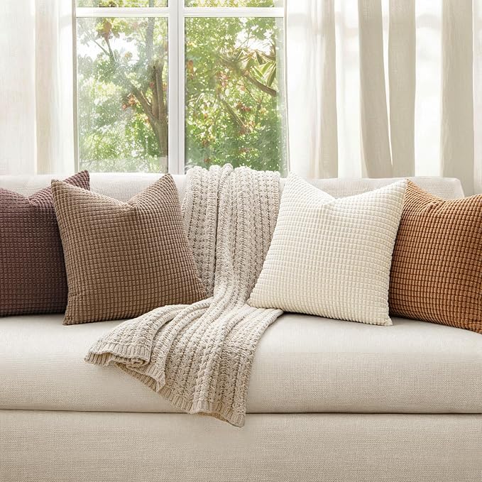 MIULEE Fall Farmhouse Decorative Pillow Covers 18x18 Inch Set of 4 Brown | Modern Natural Rustic Throw Pillows Neutral Warm Soft Corduroy Couch Pillowcases Home Decor for Sofa Living Room Bed
