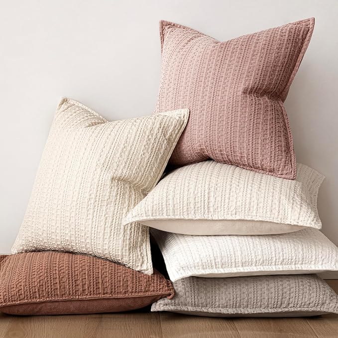 Foindtower Set of 2 Decorative Cotton Waffle Weave Lumbar Throw Pillow Covers Euro Shams Cushion Covers Accent European Pillowcase for Bed Couch Bedroom Living Room Home Decor 12×20 Inch Dusty Pink