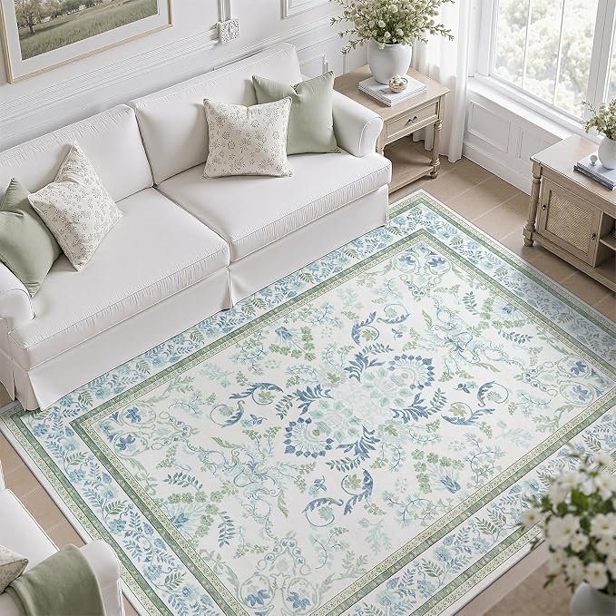 DCX Green 6x9 Rug, Kid & Pet Friendly with Rubber Back Non Slip, Machine Washable Stain Resistant Botanical Floral Rug for Living Room, Bedroom, Soft Low Pile Large Nursery Carpet
