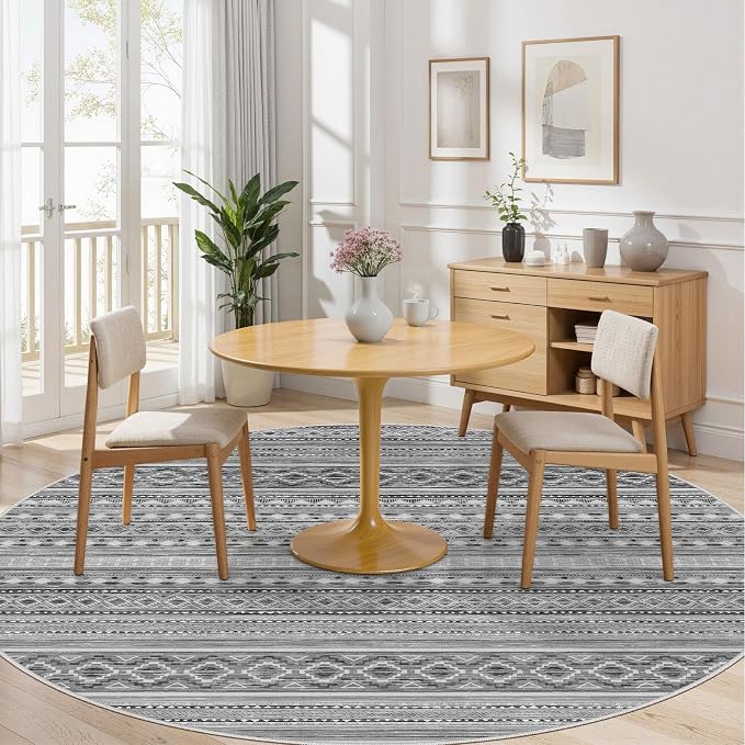 cotiled 8x8 Round Area Rugs Living Room Rug: Washable Boho Rugs with Non Slip Backing Large Soft Indoor Stain Resistant Carpet for Bedroom Farmhouse Dining Room Lightweight Home Decor Beige Grey