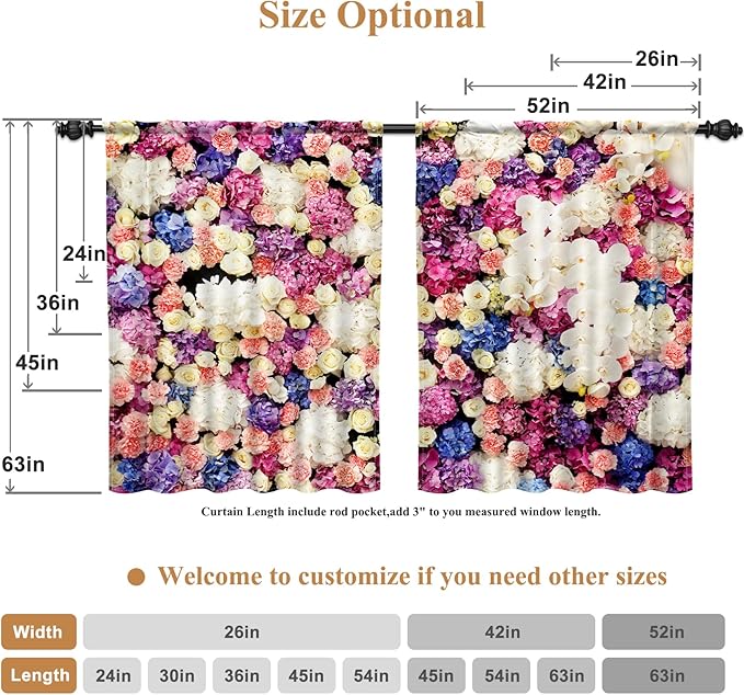 Renaiss 52 x 63 Inch Colorful Floral Kitchen Curtains Short Linen Textured Small Cafe Curtains Rose Flower Light Filtering Short Window Curtain for Bathroom Basement with Rod Pocket 2 Panels