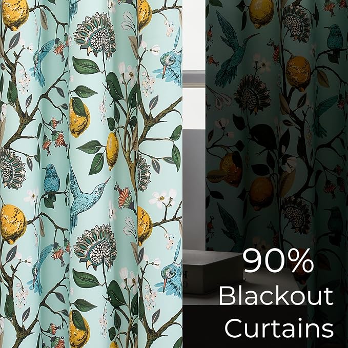 Topfinel 94 Inches Long Custom Floral Curtains Unique Cottagecore Whimsical Vintage Pretty Fun Flower Hummingbird Patterned Double Sided Grommet Print Drapes for Bedroom Living Room Dining Mint Green