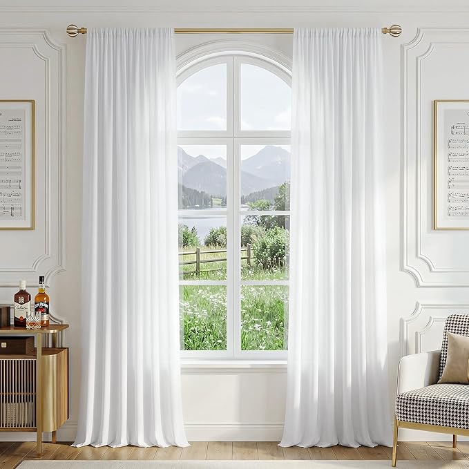 FMFUNCTEX Sheer Non-See-Through White Curtains for Bedroom, Faux Silk that Let Light Curtains 54 inches Long Light Filtering Privacy Sheer Window Drapes for Living Room, Rod Pocket 2 Panels Set