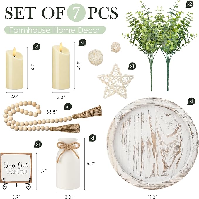 Rustic Modern Farmhouse Decor Set of 7 for Your Living Room, Kitchen Counter, Home or Table Centerpieces Room Decor, Wood Round Decorative Tray Gifts for Women Men (White)