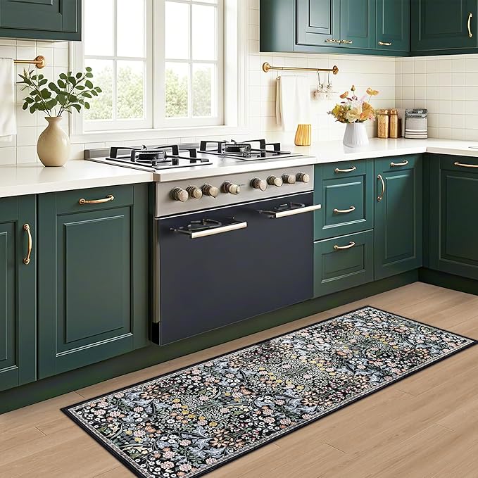 Runner Rug for Entryway: 2x5 Kitchen Rugs Non Slip Washable Ultra-Thin Soft Floral Carpet Indoor Floor Stain Resistant Carpets for Hallway Bedroom Kitchen Laundry Bathroom Dorm Dark Black