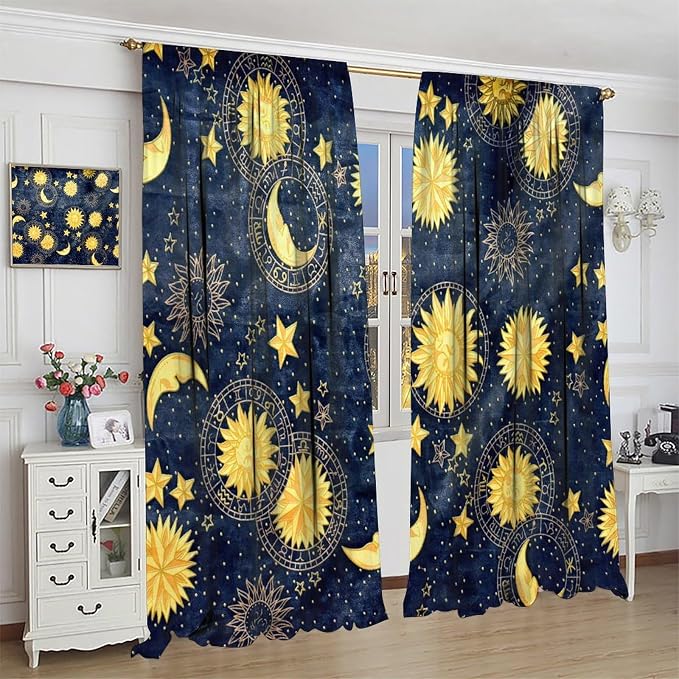 Boho Sun Moon Blackout Window Curtains, Bohemian Golden Sun Moon Stars Print Rod Pocket Window Drapes, for Living Room Bedroom 52x84in 2 Panels