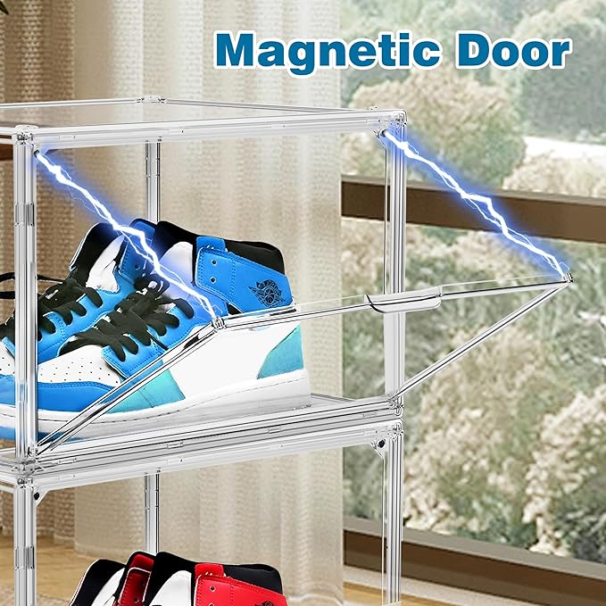 10 Pack Magnetic Shoe Boxes Acrylic Shoe Display Case, Size 12 Sneaker Storage Box Stackable Shoe Containers, Clear Dustproof Shoe Cabinet for Entryway, Closet, Underbed,Hallway, Bathroom