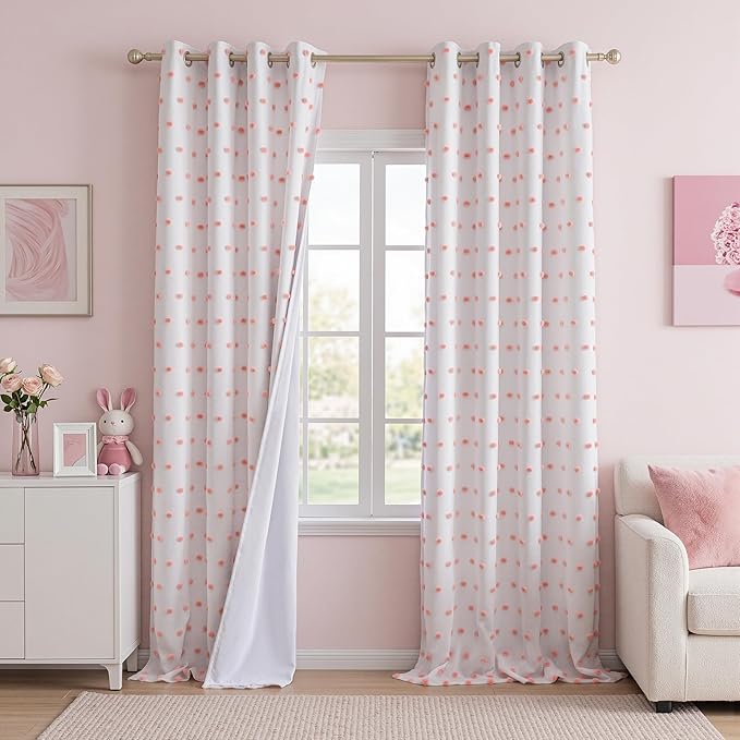 MEETSKY 100% Blackout Curtains for Girls Bedroom 95 Inch Long with Pink Pom Pom Sheer Total Room Darkening Nursery Curtains for Kids Room 2 Panels Grommet Double Layer Window Drapes 52W x 95L