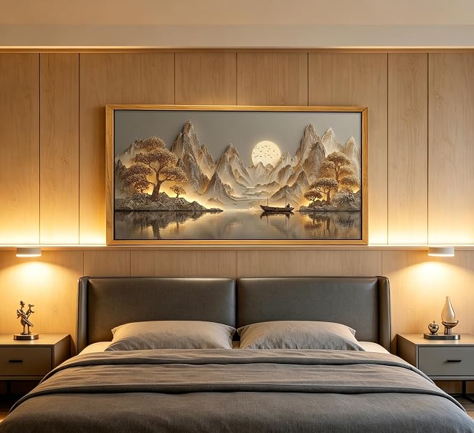 Framed 3D Texture Large Landscape Sunrises Sunset Canvas Wall Art Abstract Mountains Lake Tree Painting Picture Wall Decor Modern Nature Scenery Poster Print Artwork for Living Room Office
