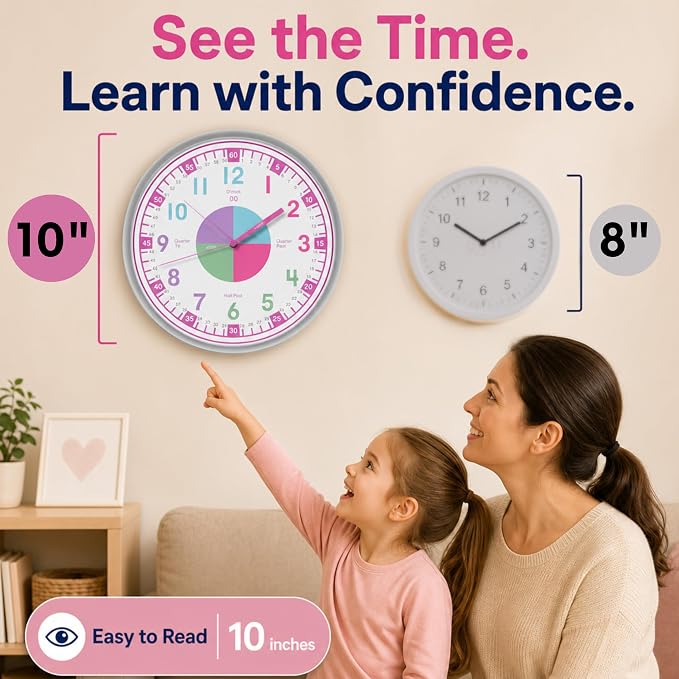 OWLCONIC Clock for Kids – Educational Analog Learning Wall Clock, Non Ticking Teaching Clock for Classroom & Homeschool, Silent Kids Bedroom Décor Pastel Pink