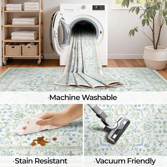 CAPALOCA Machine Washable Rugs Nursery Rug Sq6ft Cute Girl Non Slip Low Pile Water Repellent Soft Print Pattern for Bedroom Indoor Decor Kids Playroom Green Blue
