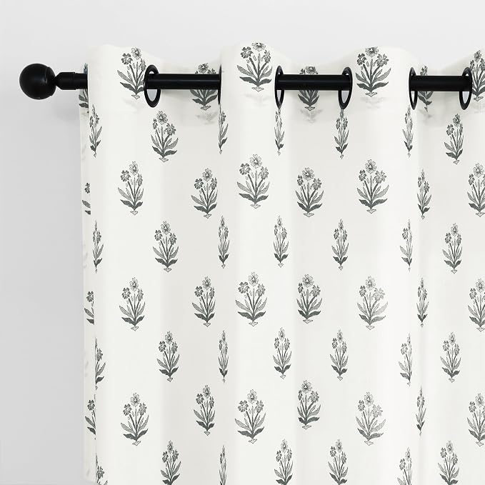 Moody Floral Linen Farmhouse Curtains, Black and Off White Dark Cottagecore Decor Semi Sheer Drapes for Bedroom Living Room 63 Inch Length