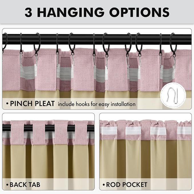 MIULEE 100% Blackout Linen Curtains for Bedroom, Pink Solid Luxury Decor Thermal Insulation Room Darkening Drapes for Living Room Back Tab Rod Pocket 42 x 90 Inches, 2 Panels