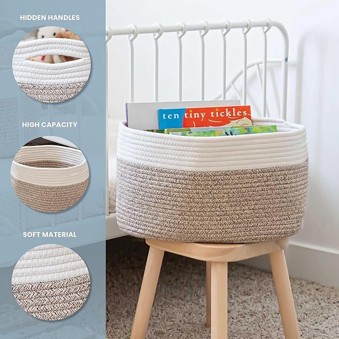 OrganiHaus Cotton Rope Basket for Shelf - Woven Storage Basket for Organizing, Closet & Toy Storage - Brown/Off-White - 15x9x10