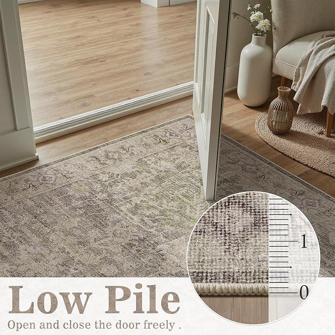 DCX Washable 5x7, Kid & Pet Friendly with Rubber Back Non Slip, Stain Resistant Vintage Rug for Living Room, Bedroom, Home Office, Soft Low Pile Large Farmhouse Distressed Carpet, Greige