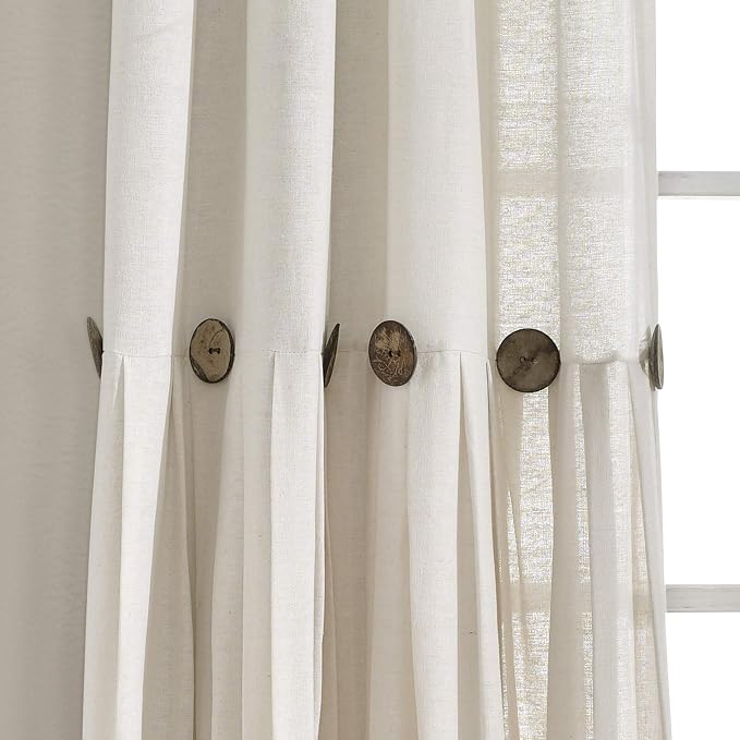 Lush Decor Linen Button Window Curtain Panel, Single, 40" W x 84" L, Off White - Rustic Decor - Color Block Modern Farmhouse Curtains For Living Room, Bedroom & Dining Room