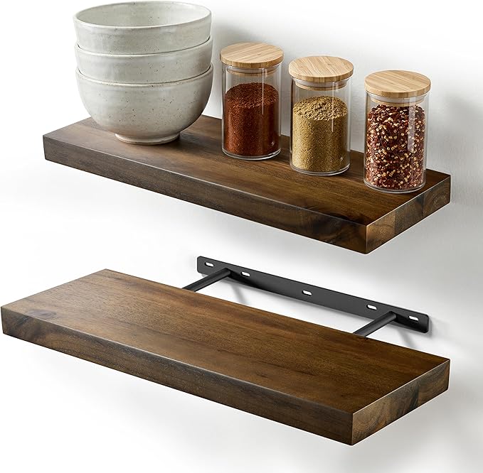 BATODA Set of 2 17" Acacia Wood Floating Shelves Wall Mounted – Rustic Farmhouse Wooden Wall Storage Shelf Bedroom, Kitchen, Home Décor - Brackets and Shelving Mounting for DIY (Walnut Color)