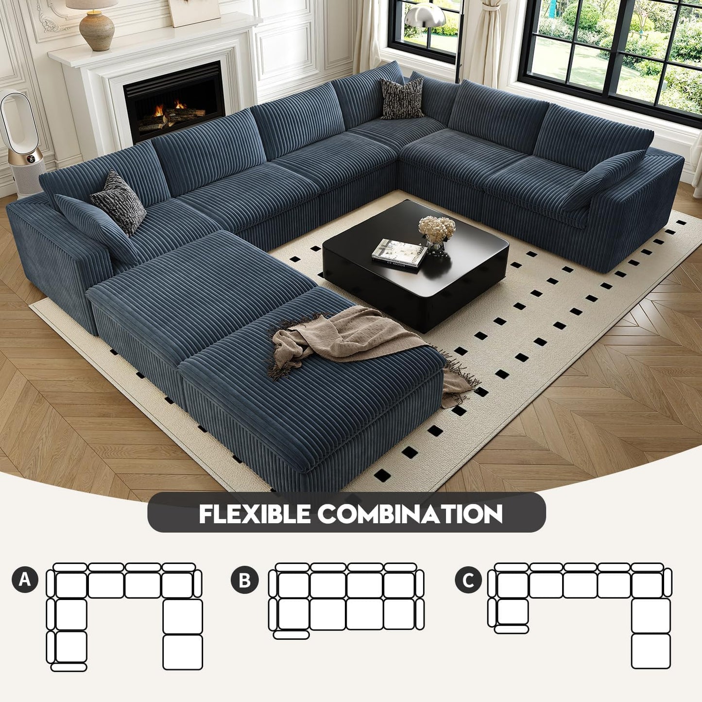 157.5" Cloud Couch Oversized Modular Sectional Sofa for Living Room,Modern Sofa with Deep Seat，8 Seater Boneless Couch with 2 Ottoman,Comfy Upholstered Couches for Apartment, Studio, Office,Blue