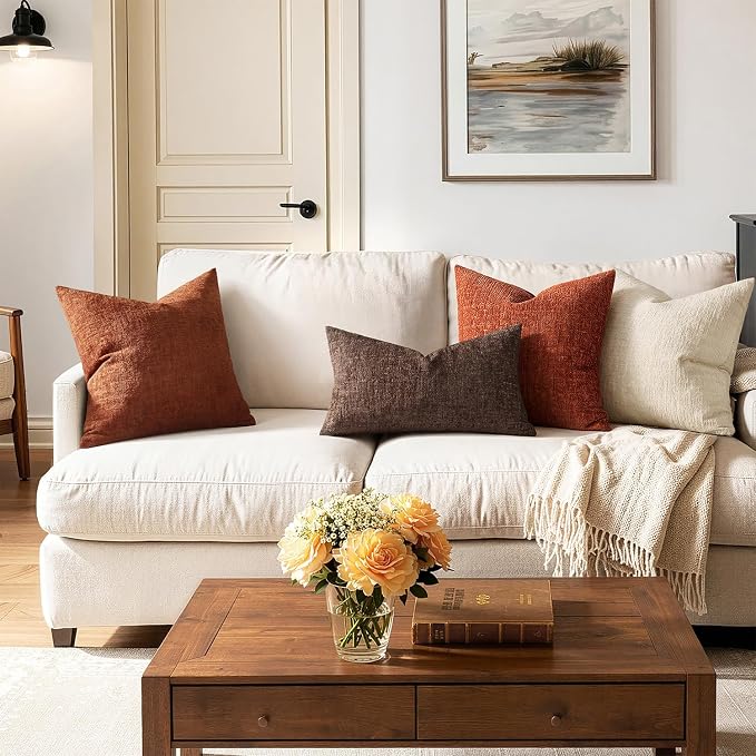MIULEE Decorative Throw Pillow Covers 22x22 Pack of 2 Rust Couch Pillow Covers Fall Soft Cozy Textured Chenille Pillowcases for Home Decor Sofa Living Room Cushion Bedroom