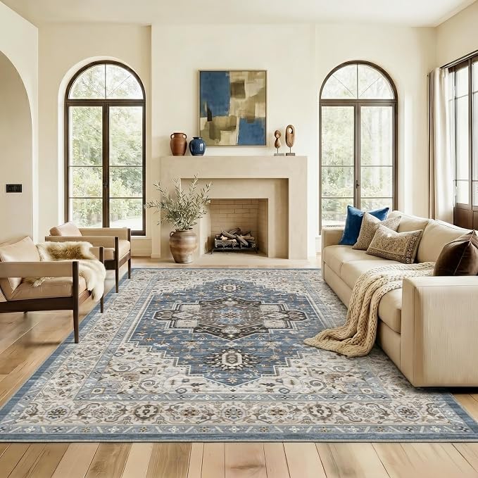 6x9 Area Rug for Living Room-Vintage Farmhouse Boho Floral Washable Stain Resistant Indoor Carpet for Bedroom Office and Home Decor(Floral Blue)