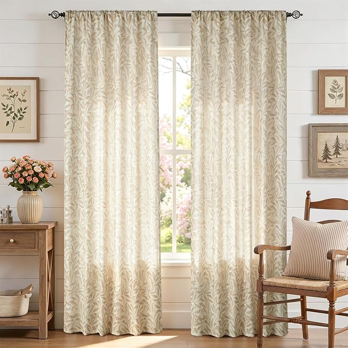 RoomTalks Boho Farmhouse Window Curtains 84 Inches Length 2 Panels Faux Linen Light Filtering, Cottagecore Rustic Country Vintage Cute Botanical Floral Curtain Panels for Bedroom Dining Living Room
