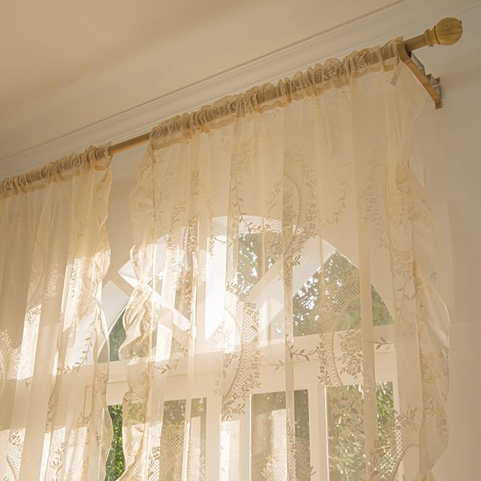 Sutuo Home Beige Lace Curtains 2 Panels for Bedroom Living Room 108 Inches Long, Vintage Embroidered Floral Rose Sheer Curtains, Privacy Shabby Chic Windows Treatment Pair, Rod Pocket, W57 x L108