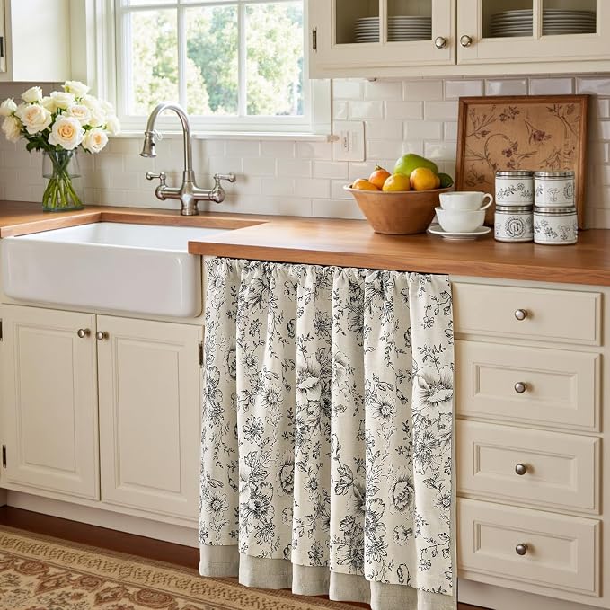 jinchan Linen Kitchen Curtain 36 Inch French Floral Double Layer Curtain Farmhouse Vintage Tier Drape Rustic Half Window Curtain for Living Room Window Treatment Rod Pocket 1 Panel Black on Beige