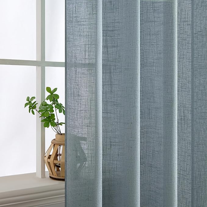 MIULEE Dusty Blue Linen Curtains 63 Inch Long 2 Panels for Bedroom Living Room, Soft Thick Linen Textured Window Drapes Semi Sheer Light Filtering Back Tab Rod Pocket Burlap Look Light Blue Decor
