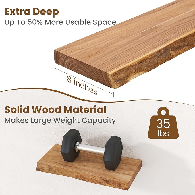 Floating Shelves for Wall, Rustic Solid Elm Wood Live Edge Floating Shelves Wall Mounted, Wall Shelves with Invisible Bracket for Living Room Bedroom Bathroom Kitchen, 15.7 Inch Set of 2, Natural
