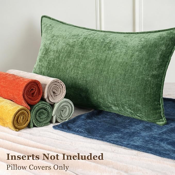 decorUhome Fall Couch Throw Pillow Covers 12x20 Set of 2, Decorative Soft Velvet Modern Cozy Chenille Lumbar Pillow Cases with Elegant Design for Sofa Bed Living Room Home Decor, Moss Green
