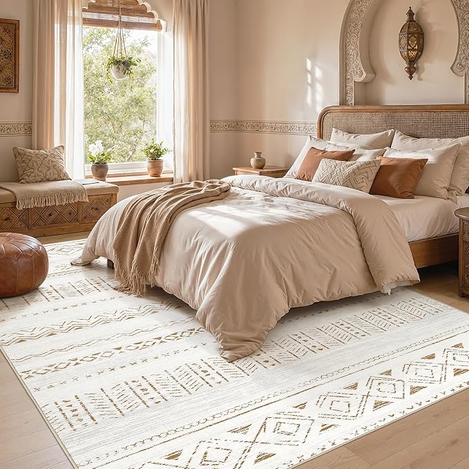cotiled 10x12 Area Rugs Living Room Rug: Washable Boho Rugs with Non Slip Backing Large Soft Indoor Stain Resistant Carpet for Bedroom Farmhouse Dining Room Lightweight Home Decor L Brown/Cream