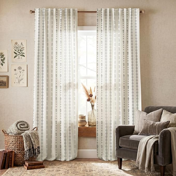 Rustic Farmhouse Black and Beige White Curtains for Living Room, Boho Striped Linen Patterned Floor to Ceiling Drapes 96 Inch Long 2 Panel Set