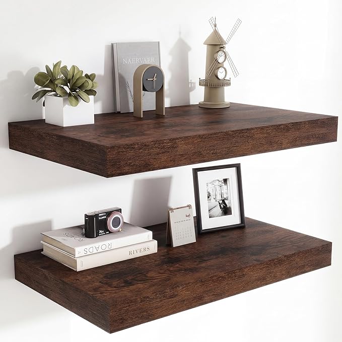 Heimlove 24 x 12 Inch Deep Floating Shelves Wall Mounted with Invisible Brackets,Storage Hanging Shelf for Wall Decor in Bathroom, Bedroom, Kitchen, Living Room, Office Set of 2 (Rustic Brown)