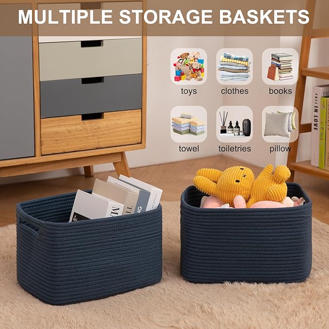 OIASKET Storage Baskets for Organizing, Woven Decorative Baskets for Shelves - Books, Towels, and Clothes, Cotton Rope Toy Storage Bins, 12.7''Lx9''Wx7.8''H, Pack of 4, Blue