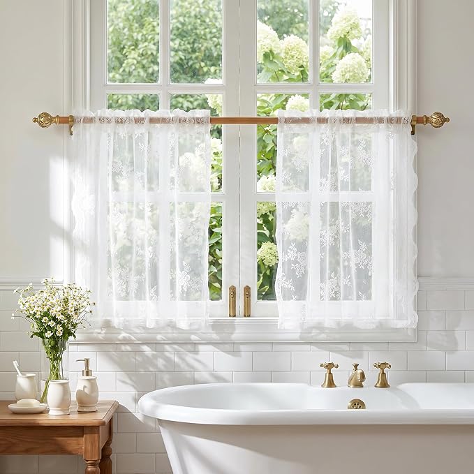 MEETSKY White Lace Curtains 30 Inch Length 2 Panels, Victorian Floral Pattern White Sheer Curtains for Kitchen and Bathroom Mini Curtains Over Sink for Small Windows Camper Cafe 26" W Each Panel