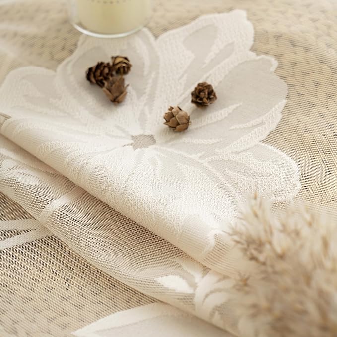 Treatmentex Beige Lace Curtains 63inch Rose Floral and Leaf Sheer Window Curtains for Living-Room Bedroom Vintage Leaf Knitted Lace Sheer Curtain Panels Ivory, 54" w 2pcs Rod Pocket
