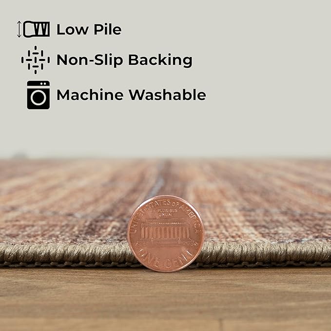 GLN Rugs Contemporary Collection - Machine Washable Area Rug, Contemporary Washable, Non Slip, Low Pile Chenille Rug, Living Room, Bedroom, Kitchen Rug (5'3" Round Terra/Brown)