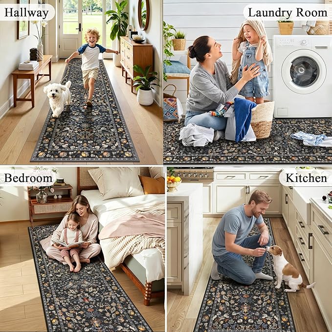 HEBE Washable Hallway Runner Rug 2'x 8' Non Slip Kitchen Rugs Runner, Low Pile Entryway Rug Laundry Room Mat Floral Carpet Runners for Hallways, Kitchen, Bathroom, Laundry, Bedside Rug
