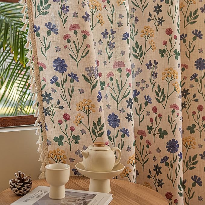 Deeprove Boho Curtains 63 Inches Length 2 Panels with Tassel, Colorful Herbs Florals Print Textured Window Drapes for Living Room Bedroom Farmhouse Country Chic Style Privacy, 52W x 63L